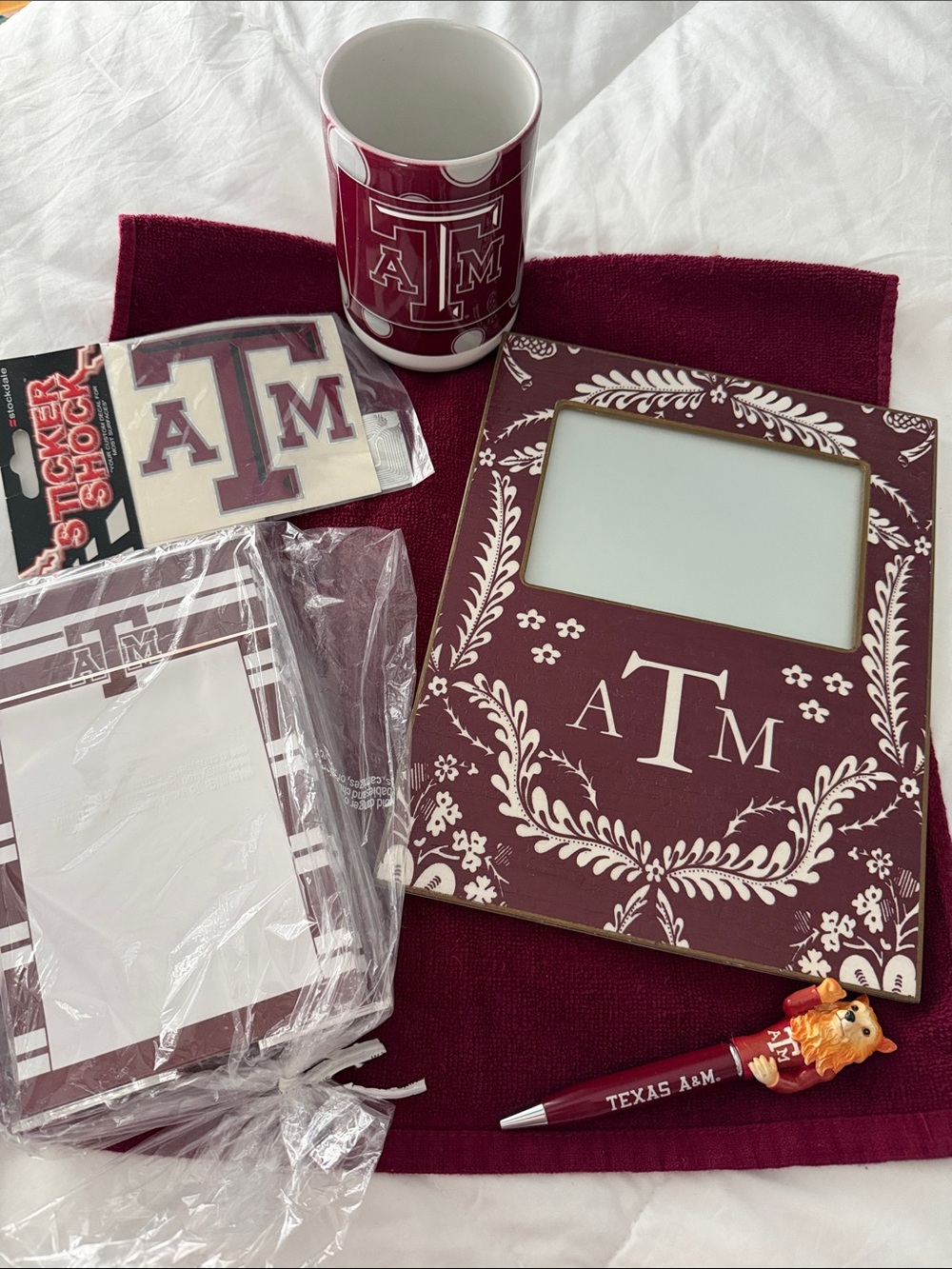Texas A&M Bundle of Goodies: Marye Kelley Frame, Lucite Paper Holder, Mug, Pen++